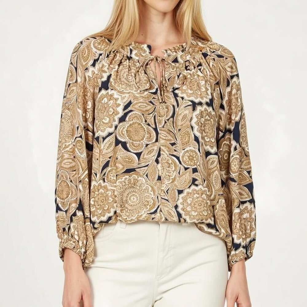 Tommy Hilfiger Paisley Floral Ruffle Neck Blouse Navy Tan Women's Size Medium
